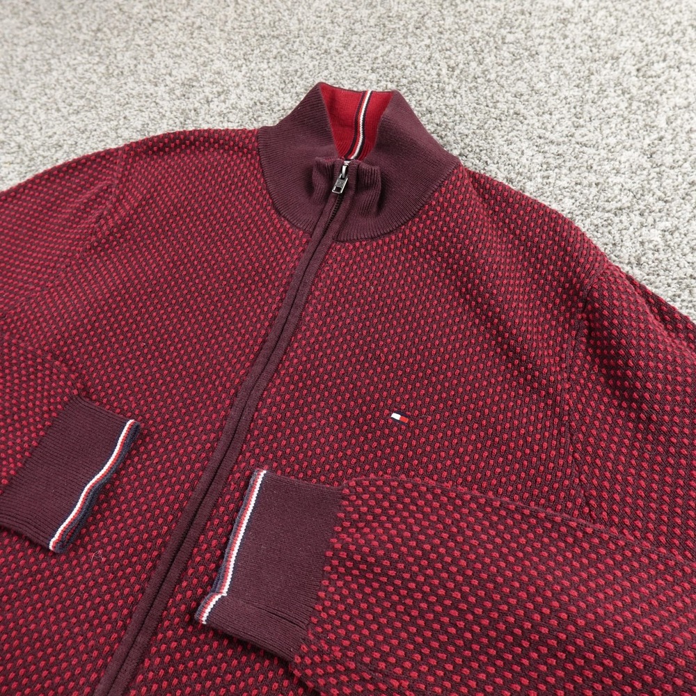 Tommy Hilfiger Sweater Mens 2XL Red Flag Full Zip Mock Neck Jacket Knit Textured